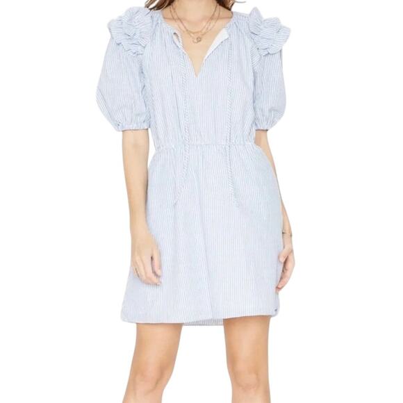 Caballero Blue Striped White Cloe Ruffle Tie Neck Cotton Dress - Picture 1 of 12